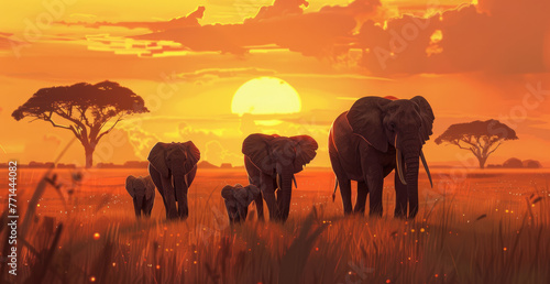 An elephant family is walking through the savannah at dusk  with tall grass and acacia trees in the background