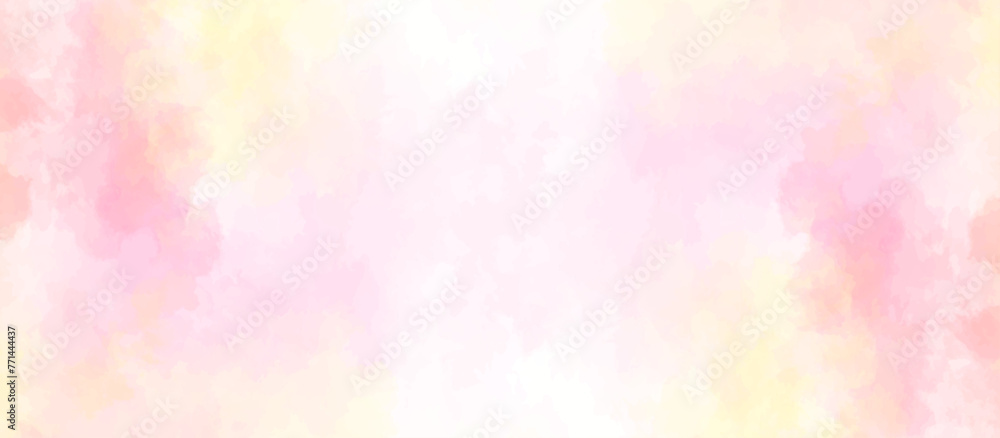 Yellow and pink glitter watercolor texture background. Colorful yellow with pink ink and pastel and stone textures on paper background.  Brush stroked painting. watercolor orange sunset background.