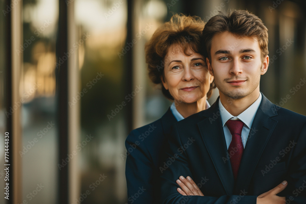 A confident mother and her young adult son in formal business suits pose with assurance outside a modern office building A confident mother and her young adult son in formal business suits pose with assurance outside a modern office building