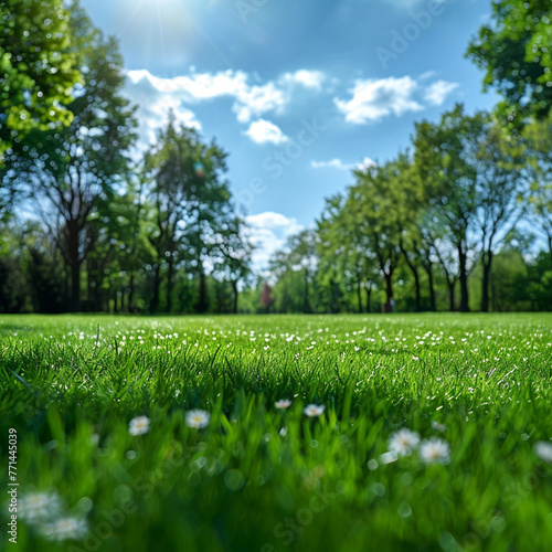 Beautiful spring or summer natural background, landscape with young lush green grass with blooming dandelions on the background of trees in the garden, green field, banner, web banner, wide background