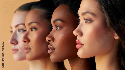 Group of multiracial women that are different together On a cream-beige background.
