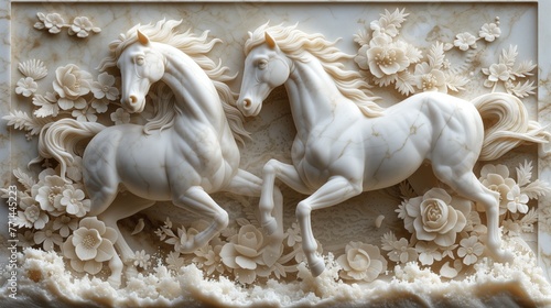 white stone horses on the wall, marble background © Olexandr