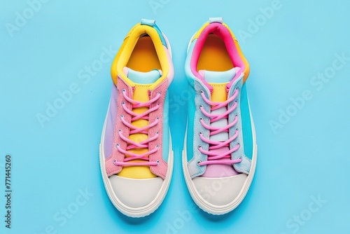 Pair of modern colorful sport shoes on blue background