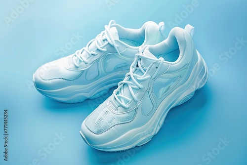 Pair of modern sport shoes on blue background