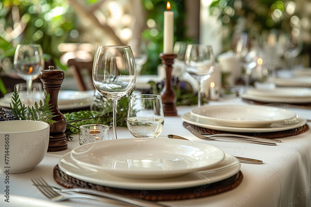 Fototapeta premium a beautiful set table for a dinner, closeup on the plate glasses and silverware