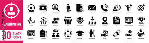 Headhunting thin line icons set. Candidate, Recruiting, career path, resume, job hiring and leadership. Vector illustration