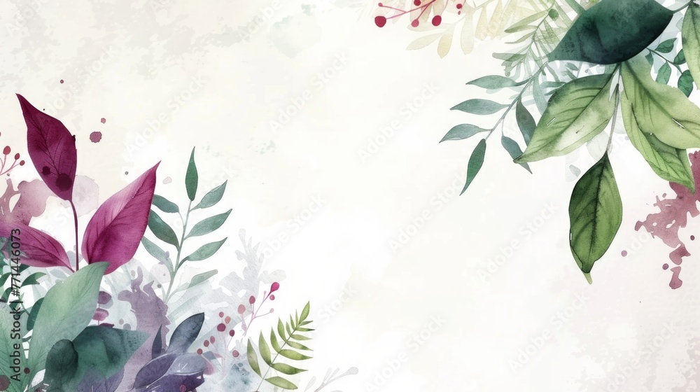 Watercolor floral background. Painted leaves and berries. Spring, summer design.