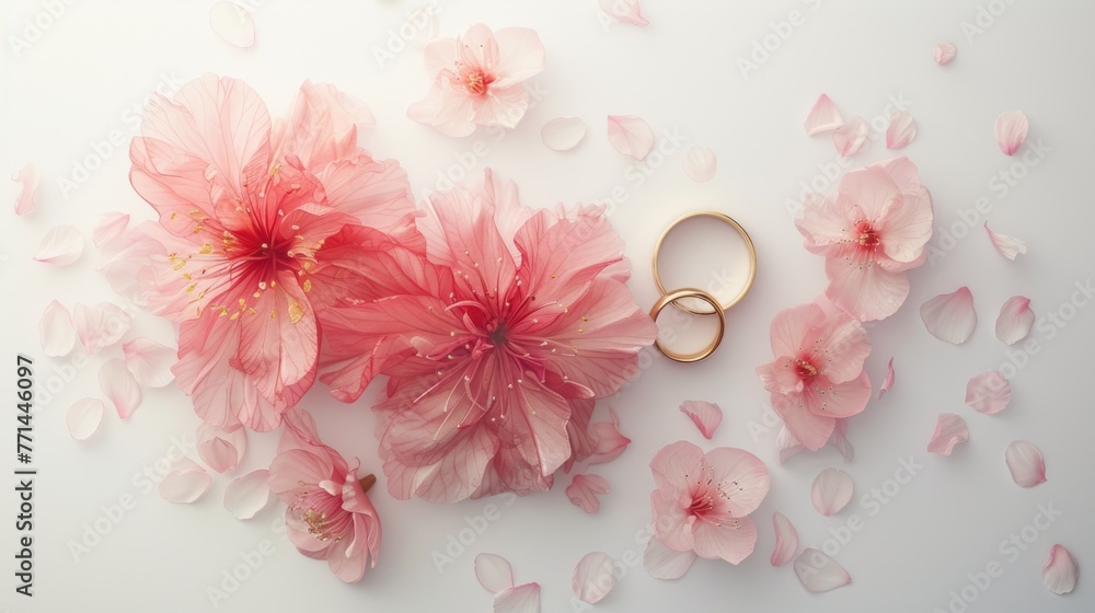 Wedding rings and flowers on beautiful background