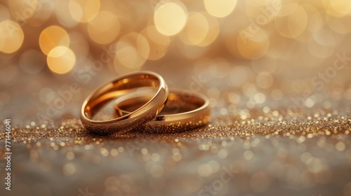 Wedding rings on golden background with bokeh effect.