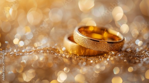 Wedding rings on golden background with bokeh effect.