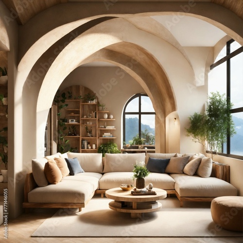 Ultra realistic  photo of Modern take on  bali inspired low ceiling small apartment white cream stone, light wood round arches interor view of living room with shelving. © Razzaqvirk
