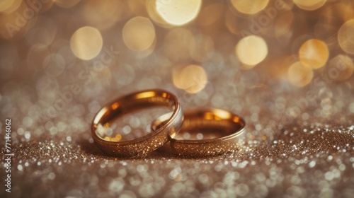 Wedding rings on golden background with bokeh effect.