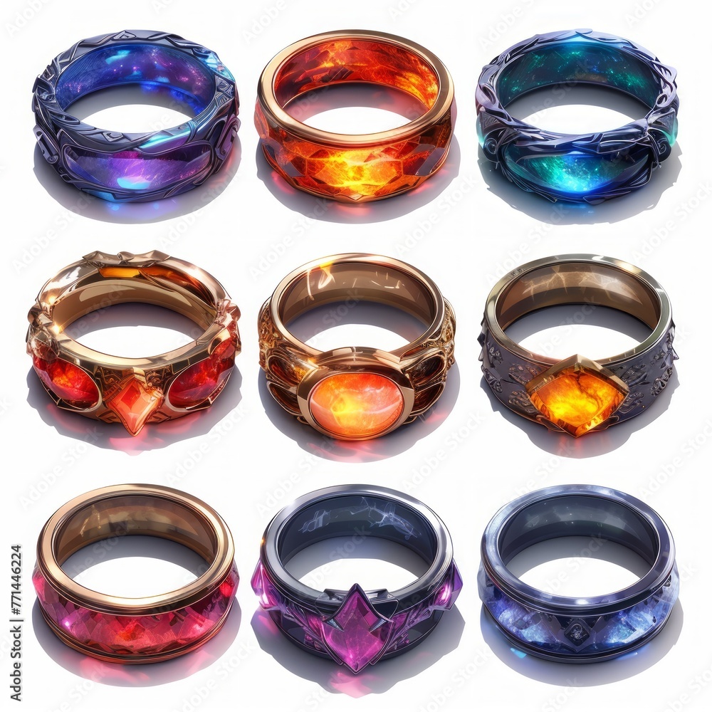 Set of multicolor gold and silver rings and bracelets with gems, precious stones. Isolated icons for games. Set of multicolor gold and silver rings and bracelets with gems, precious stones. Isolated icons for games.