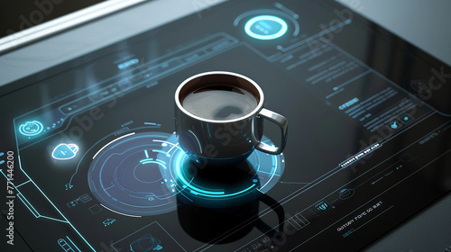 Digital coffee mug, interactive interface, top view, advanced technology, ambient kitchen setting