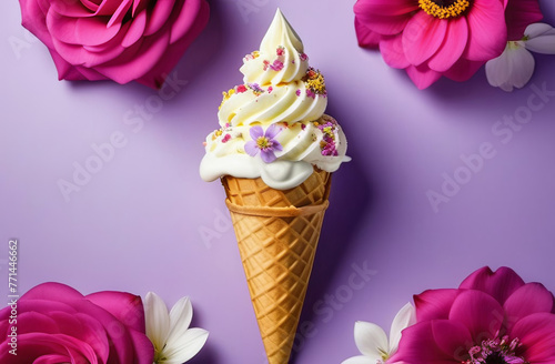 Sorbetes cone with pink petals on violet background