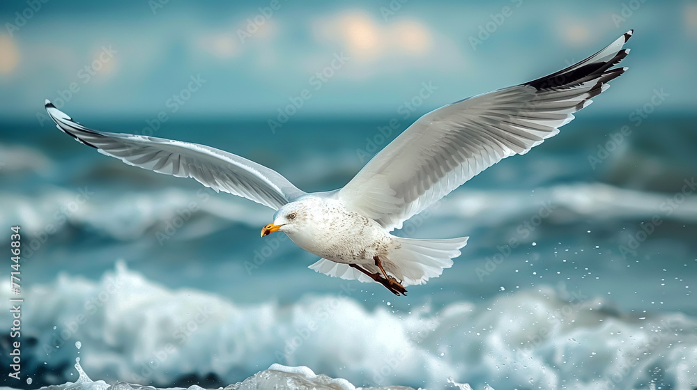 The seagull is soaring gracefully along the beach shore. The seagull is soaring gracefully along the beach shore.