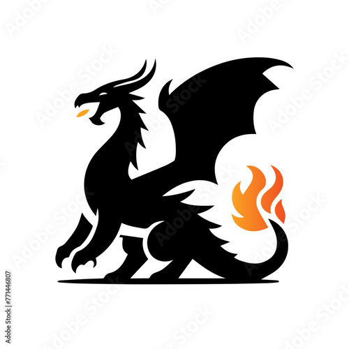 Silhouette of a dragon with fire tail, SVG vector on white background