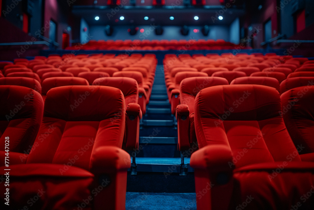 Imagine an empty cinema hall where the elegance of simplicity reigns supreme, with minimalist decor, subtle color palettes