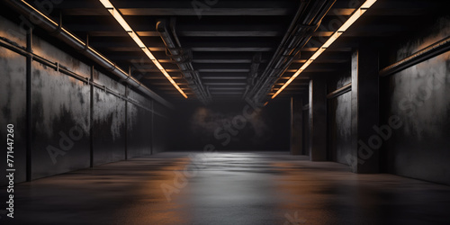 Futuristic studio stage dark room. Underground warehouse garage. Neon led laser glowing orange on concrete tiled floor   © Александр Марченко