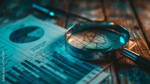 Analyzing Financial Charts with Magnifying Glass on Desk