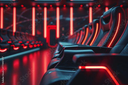 Produce a digital masterpiece depicting a futuristic cinema hall characterized by its seamless integration of technology and design, with close-up shots highlighting the sleek lines and futuristic mat