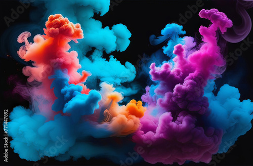 Colorful smoke billowing out of bottle against black sky