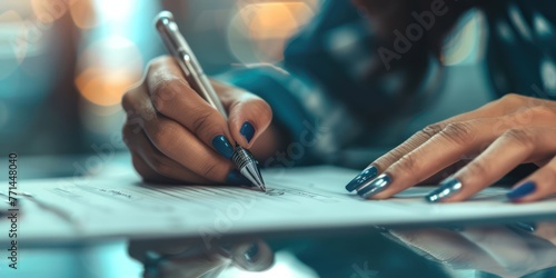 A person signing loan papers with a pen at a bank. 
