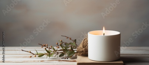 A wooden table displays a white candle next to a plant, creating a peaceful atmosphere. The wax cylinder emits a gentle glow, captured beautifully in macro photography © AkuAku