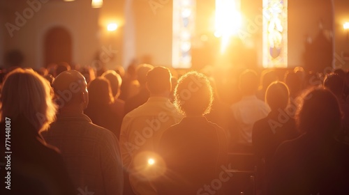 Church Congregation Gathered at Sunrise for Easter with Songs and Light,Embodying Hope and Community Spirit
