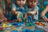 Humanoid and toddlers during art class, close-up on hands and paint, creative chaos, natural light from window