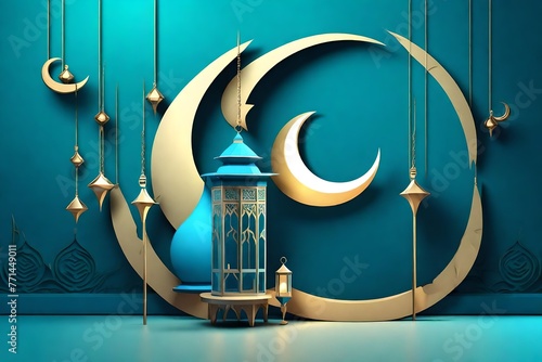 3D contemporary Islamic holiday banner, appropriate for Raya Hari, Eid al Adha, Mawlid, and Ramadan. a calm blue background with a lit lantern and a crescent moon decoration.  photo