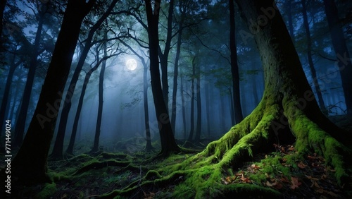 In the heart of a dense forest  beneath the canopy of towering trees  the night unveils its enigmatic charm. Wisps of mist drift lazily among the gnarled branches.