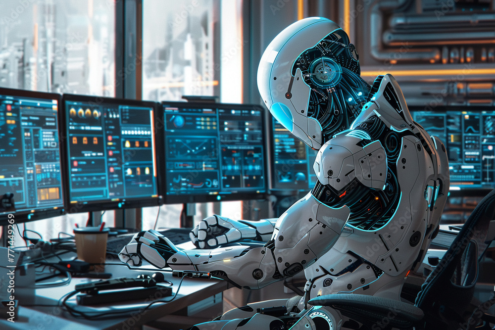 Hi-tech worker, human-bio-mechanic hybrid, smart office gadgets, modern, streamlined design Hi-tech worker, human-bio-mechanic hybrid, smart office gadgets, modern, streamlined design