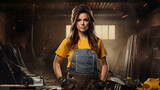 A confident, empowered woman stands in a workshop holding various power tools, surrounded by sparks and workbench. Confident woman with power tools in workshop