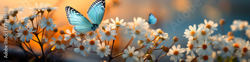 Butterflies on white flowers at sunset. A majestic view of blue butterflies perched on delicate white flowers  bathed in the warm  golden light of sunset