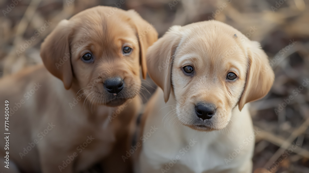 Adorable portrait of two young Labrador puppies looking curiously at the camera, with a blurred background. Adorable portrait of two young Labrador puppies looking curiously at the camera, with a blurred background.