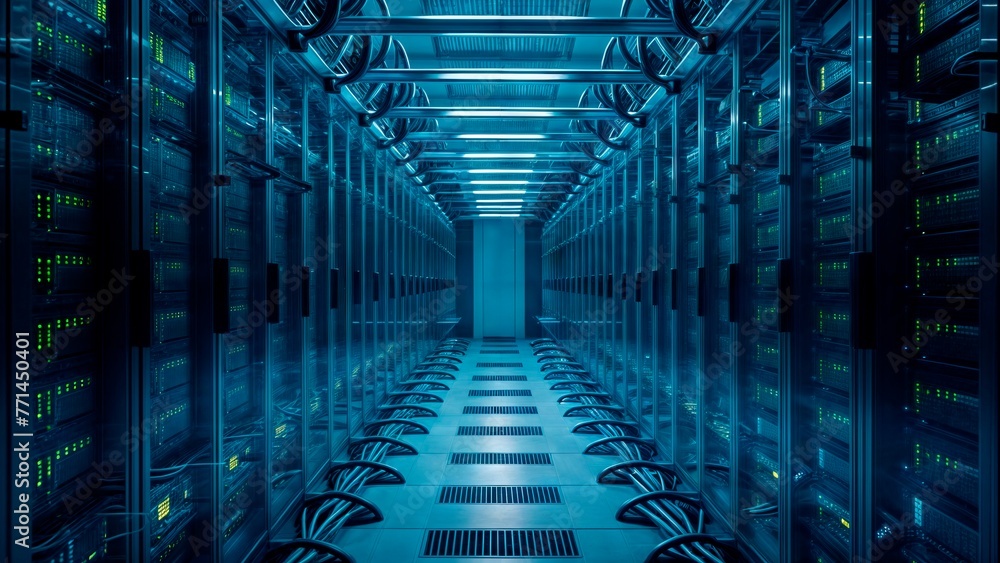 Room filled with rows of server racks, each containing multiple server units. The servers are illuminated by a blue light, and the room itself has a cool, metallic aesthetic. Room filled with rows of server racks, each containing multiple server units. The servers are illuminated by a blue light, and the room itself has a cool, metallic aesthetic.
