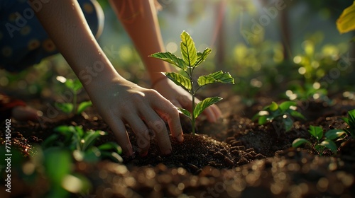 3D rendered young student planting tree, mid-shot, digital hands in soil, surrounded by greenery, overcast light