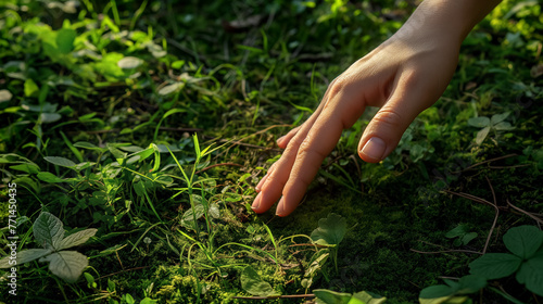 A gentle hand reaches out, almost touching the soft, lush green moss covering the forest floor in dappled sunlight.