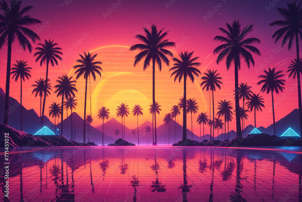 Vibrant synthwave-inspired digital artwork featuring a sunset, palm trees, and neon reflections
