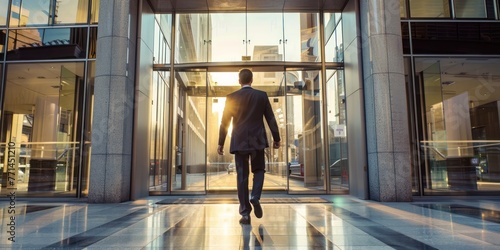 A businessman in a suit walking confidently towards an office building entrance.  photo