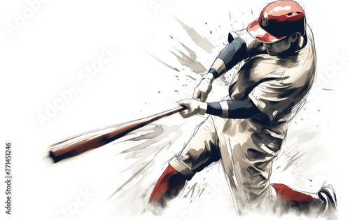 Wide angle view of a baseball player hitting a ball. high energy. illustration. White background