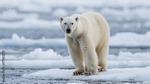 A curious young male polar bear (Ursus maritimus) standing up on the sea ice