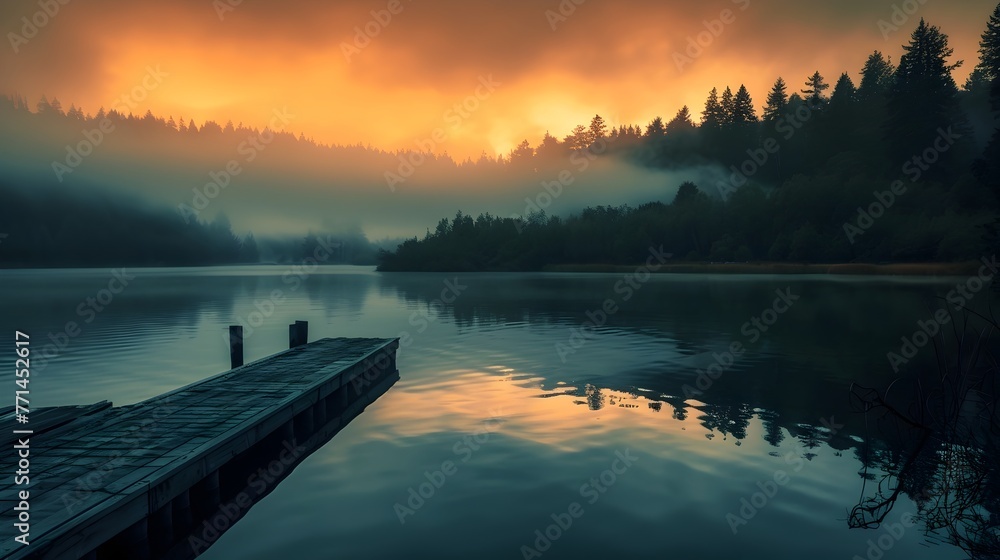 Fototapeta premium Tranquil Lakeside Sunset Reflections in the Misty Forest Wilderness