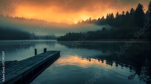 Tranquil Lakeside Sunset Reflections in the Misty Forest Wilderness