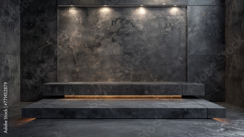 Minimalist podium display against a geometric stone backdrop, illuminated by spotlights for a sleek and modern look.