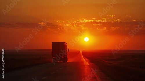 Truck journeying along an asphalt road at sunset, symbolizing global trade.