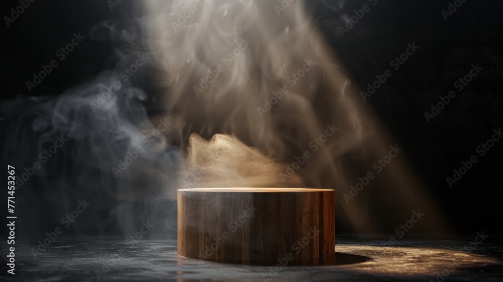 Empty Podium. A Beacon of Potential - An empty wooden cylinder podium awaiting the spotlight, surrounded by smoke and illuminated by spotlights, ready to showcase products. - obrazy, fototapety, plakaty 