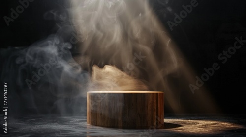 Empty Podium. A Beacon of Potential - An empty wooden cylinder podium awaiting the spotlight, surrounded by smoke and illuminated by spotlights, ready to showcase products.