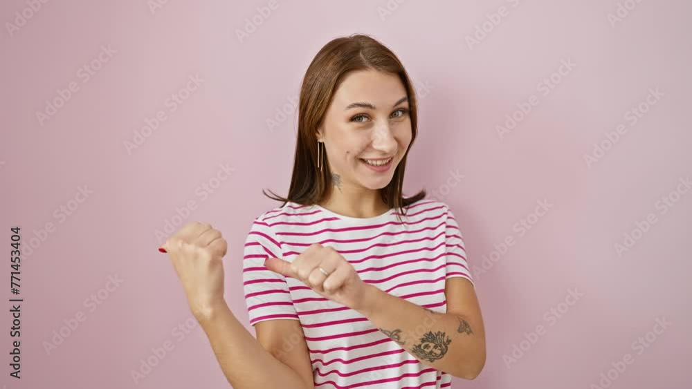 Confident young brunette girl in stripes tshirt, cheerfully pointing behind with thumbs up, smiling radiantly over isolated pink background Confident young brunette girl in stripes tshirt, cheerfully pointing behind with thumbs up, smiling radiantly over isolated pink background